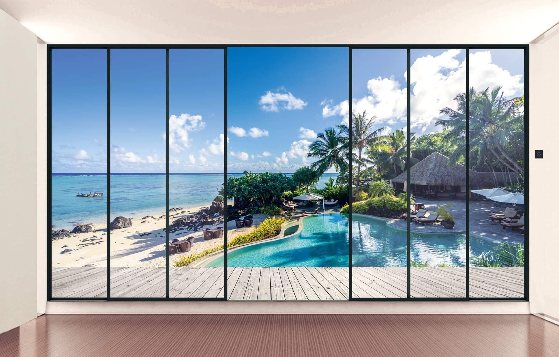 Resort suite visualization with a full-width multi-panel glass wall to the beach